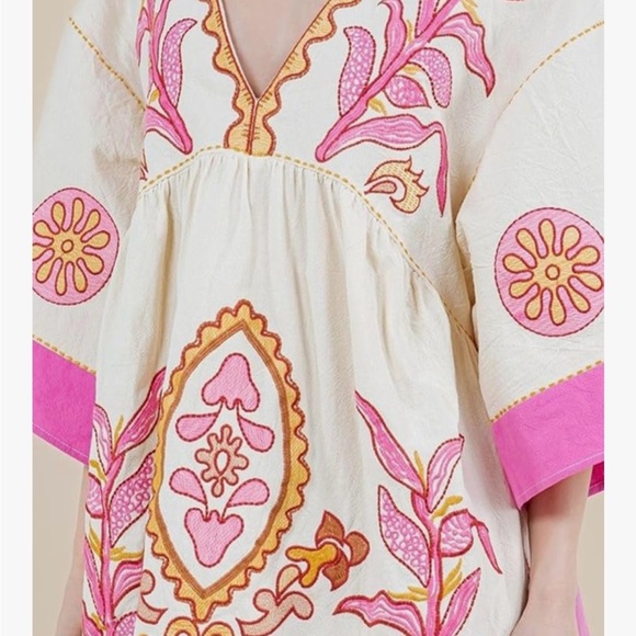Vibrant Pink and Cream Embroidered Mini Dress - Picture 3 of 8